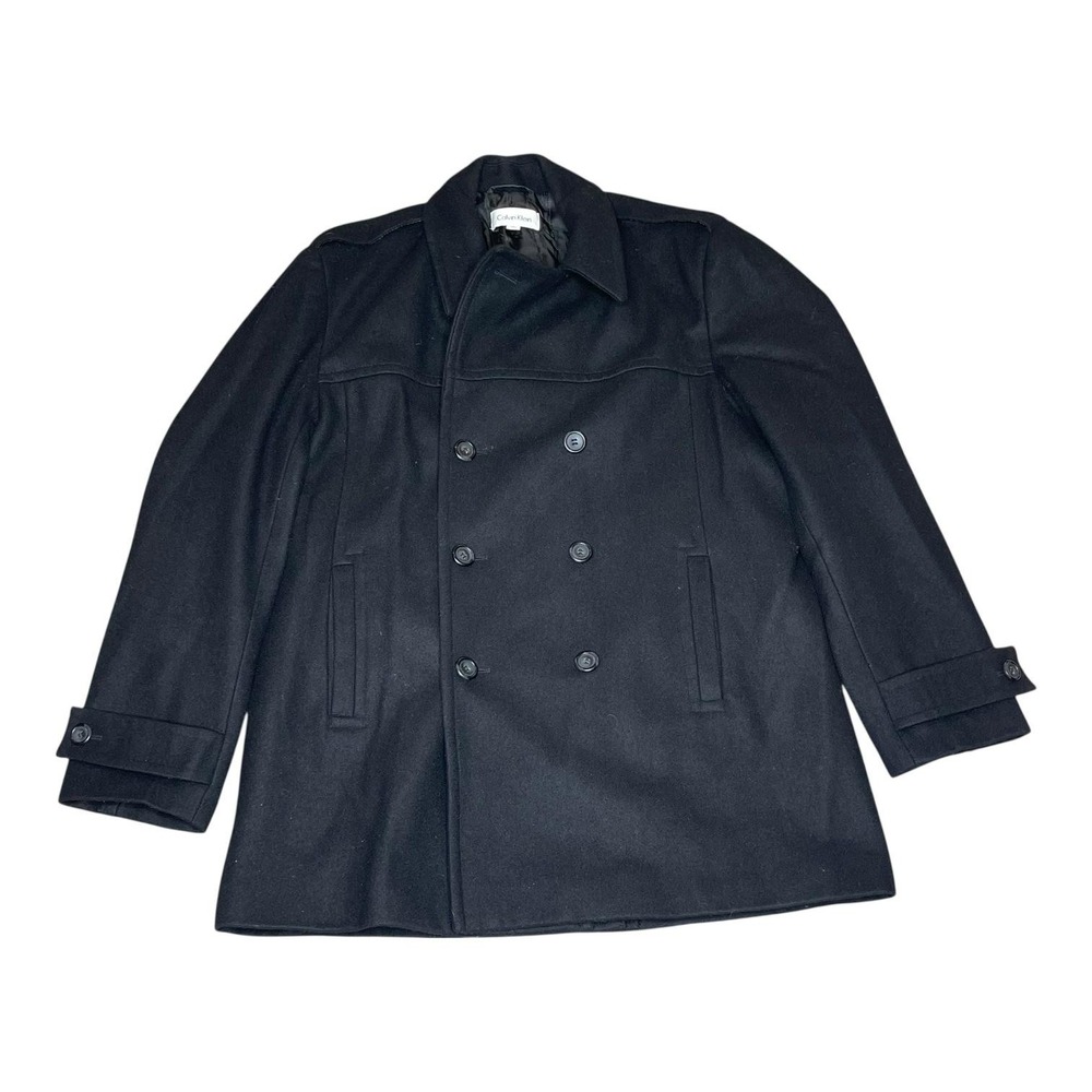 Calvin Klein Mens Black Wool Blend Double Breasted Pea Coat Jacket Size L - Picture 1 of 9